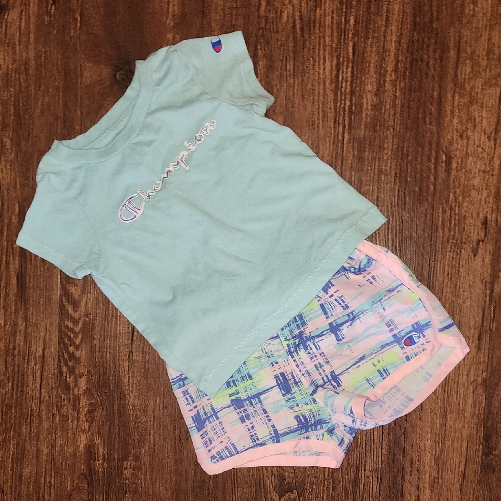 Champion Light Green Tee and Plaid Shorts Set